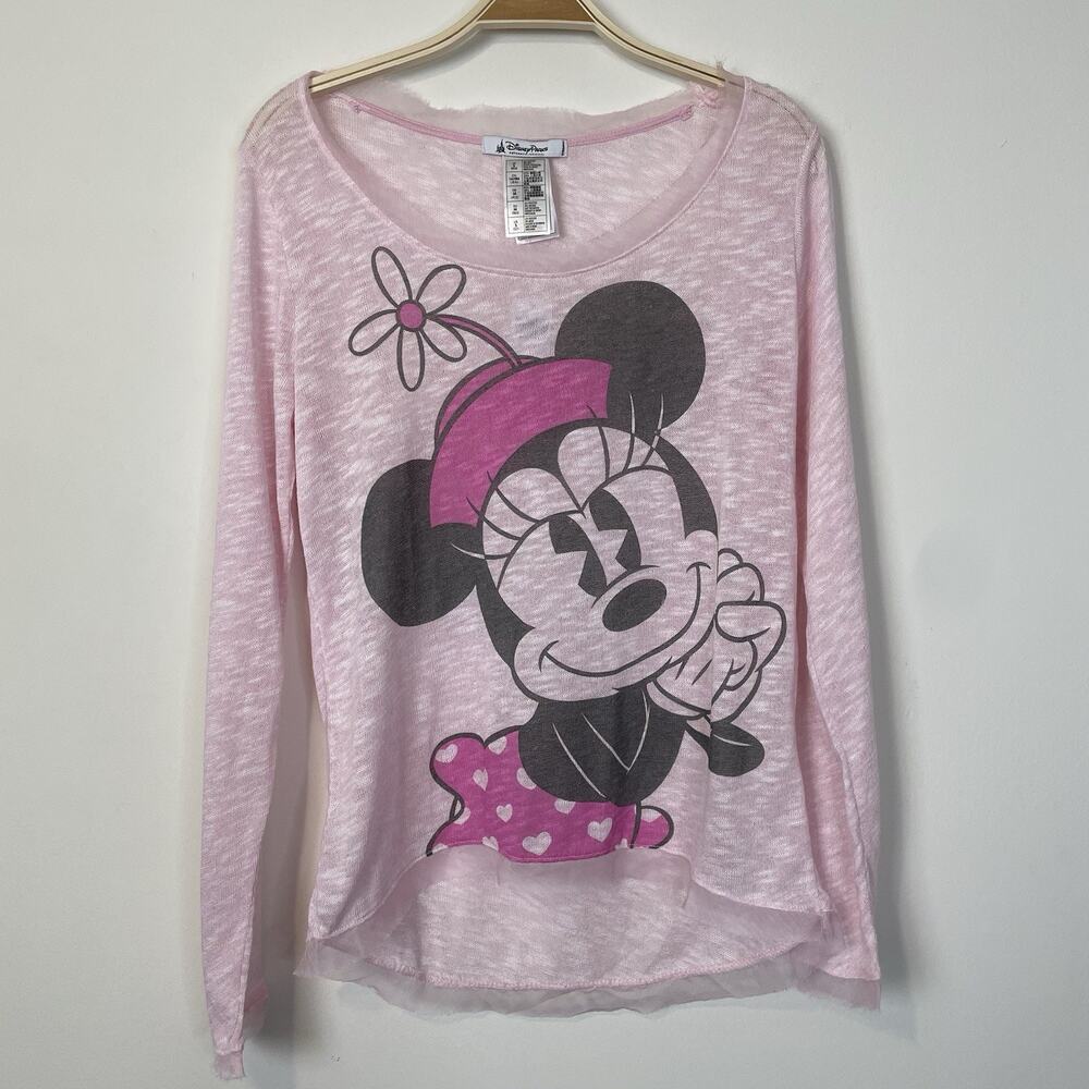 Disney Parks Women's Minnie Mouse Burnout Pink Tulle Trim Long Sleeve Top Small
